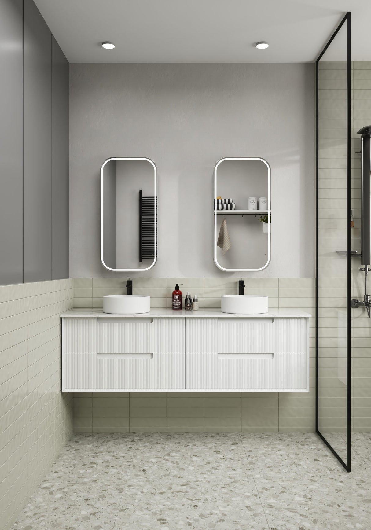 Modern bathroom with white vanity, two sinks, and a glass shower enclosure.