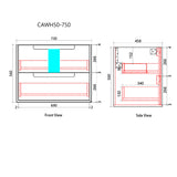 Technical drawing of a kitchen appliance with dimensions labeled