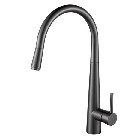 Gunmetal kitchen faucet on a white background