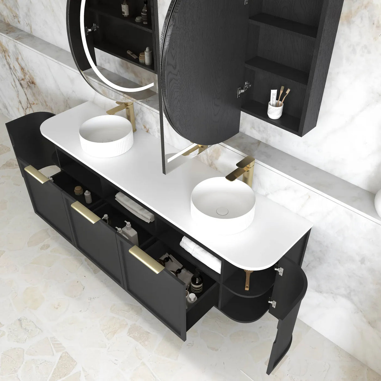 top view of open hampshire black wall hung vanity