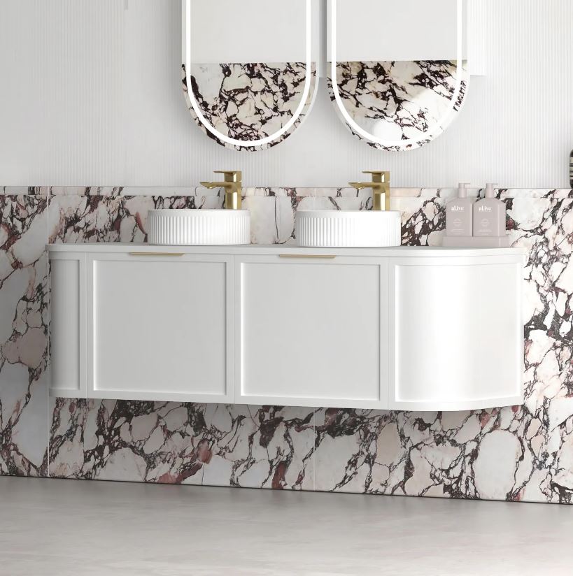 Bathroom with installed Hampshire Wall Hung Vanity Curve 1500mm - White