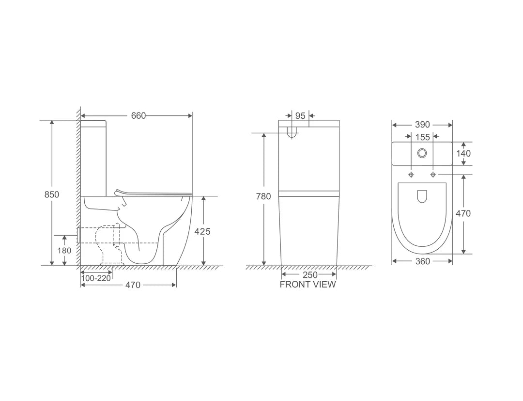 Technical dimension drawing of a toilet with front, side, and back views showing measurements in millimeters on a white background.