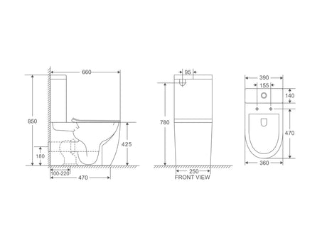 Technical dimension drawing of a toilet with front, side, and back views showing measurements in millimeters on a white background.