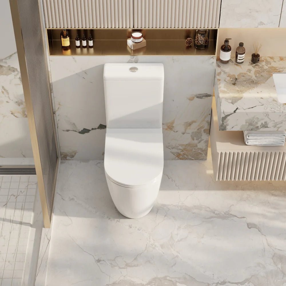 Modern white toilet in a stylish bathroom with marble flooring and decor.