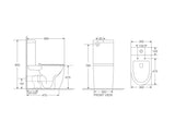 Technical dimension drawing of a toilet with front, side, and back views showing measurements in millimeters on a white background.