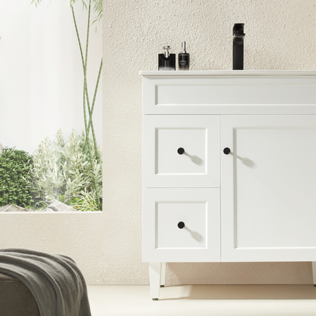 closer look of matte white left hand Harrington PVC Floor Vanity 750mm