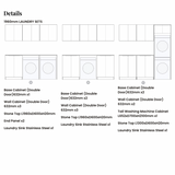 A technical specification details diagram for a 1960mm laundry sets cabinet configuration, showing line drawings of three cabinet layouts with labeled measurements for base cabinets, wall cabinets, stone tops, end panels, and laundry sinks.