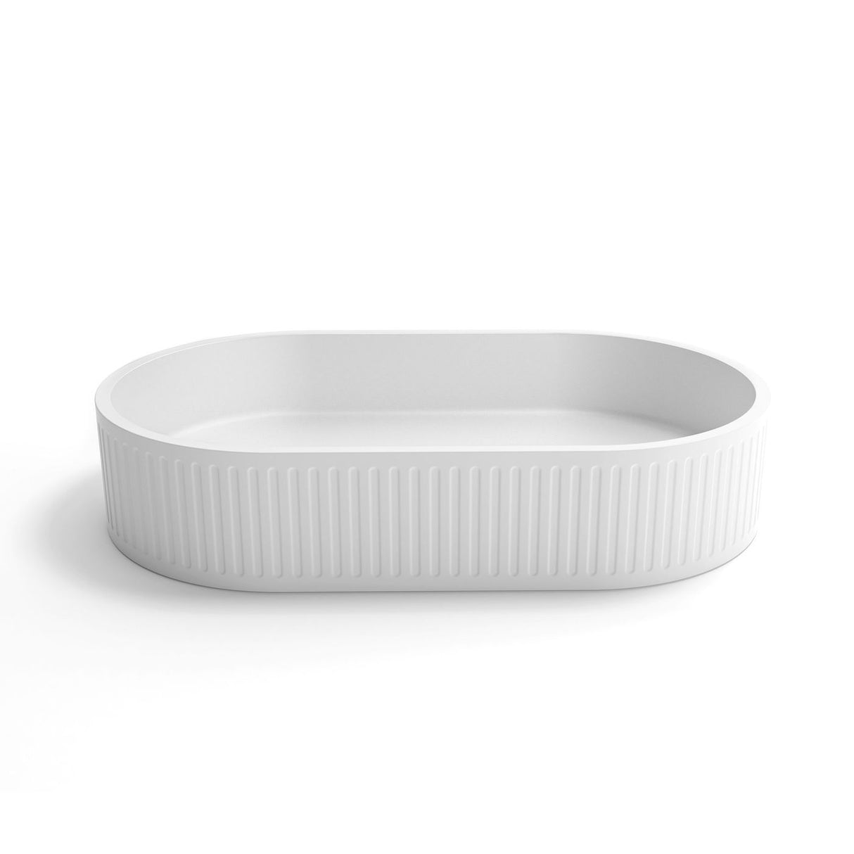 Hudson Oval 600x350x120 Concrete Fluted White Basin front view