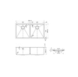 Arte 880x450x220mm Double Bowl Sink Drawing
