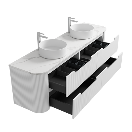 Bathroom vanity with double sink and storage drawers on a white background