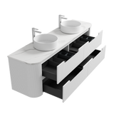 Bathroom vanity with double sink and storage drawers on a white background