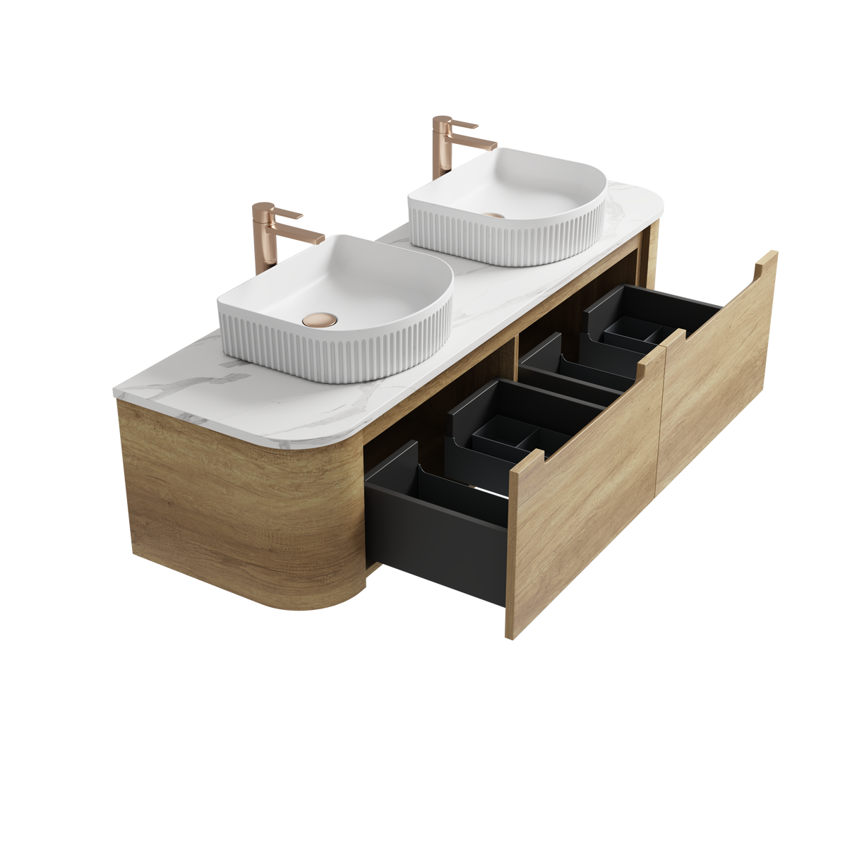 Bathroom vanity with two white sinks and open drawers on a white background