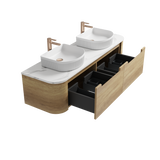 Bathroom vanity with two white sinks and open drawers on a white background