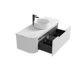 Bathroom vanity with open drawer on a white background