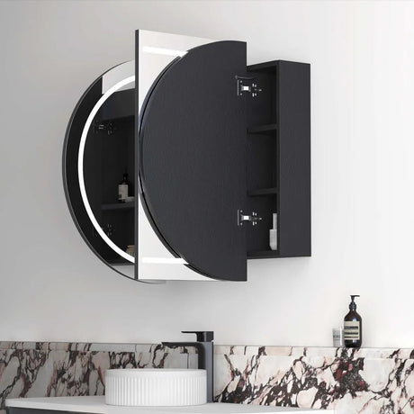 Bathroom with installed black open LED Bondi Black Oak Shaving Cabinet - 1200 x 750mm