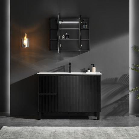 Modern bathroom setup with black vanity, mirror, and decorative elements.