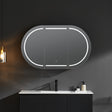 Bathroom vanity with a large oval mirror featuring LED lighting on a dark wall.