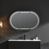 Bathroom vanity with a large oval mirror featuring LED lighting on a dark wall.