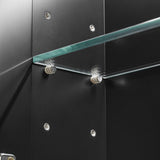 close up of glass shelves inside the black cabinet
