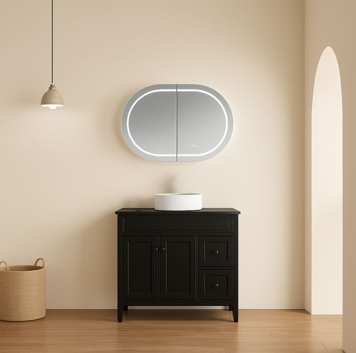 Bathroom vanity with a round mirror and light fixture on a beige wall.