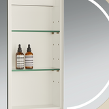 Two bottles on a glass shelf inside a cabinet with a neutral background