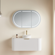 Bathroom setup with a white vanity, sink, and illuminated mirror on a beige wall.