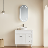 room with led olivia matte white shaving cabinet and white free standing vanity