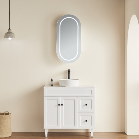room with led olivia matte white shaving cabinet and white free standing vanity