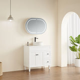 Bathroom with white vanity, round mirror, and plant