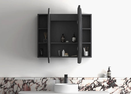 Front view of installed LED Bondi Black Oak Shaving Cabinet - 1200 x 750mm inside bathroom