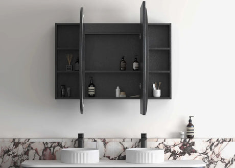 Front view open LED Bondi Black Oak Shaving Cabinet - 1500 x 900mm