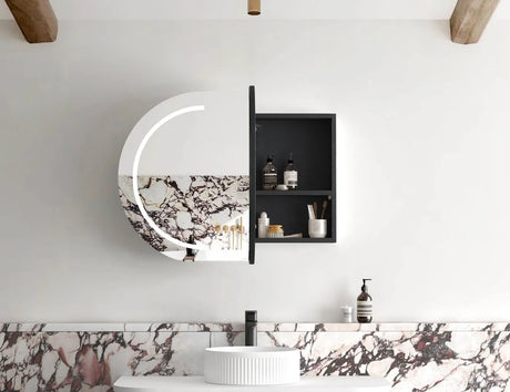 bathroom with installed open LED Bondi Black Oak Shaving Cabinet - 900 x 600mm