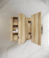 side view of open LED Bondi Natural Oak Shaving Cabinet - 1500 x 900mm