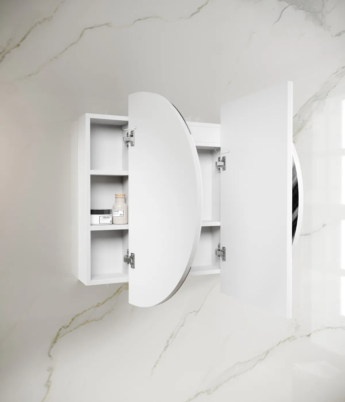 side view of open LED Bondi White Shaving Cabinet - 1500 x 900mm