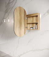 Side view open LED Noosa 900x450 Natural Oak Shaving Cabinet
