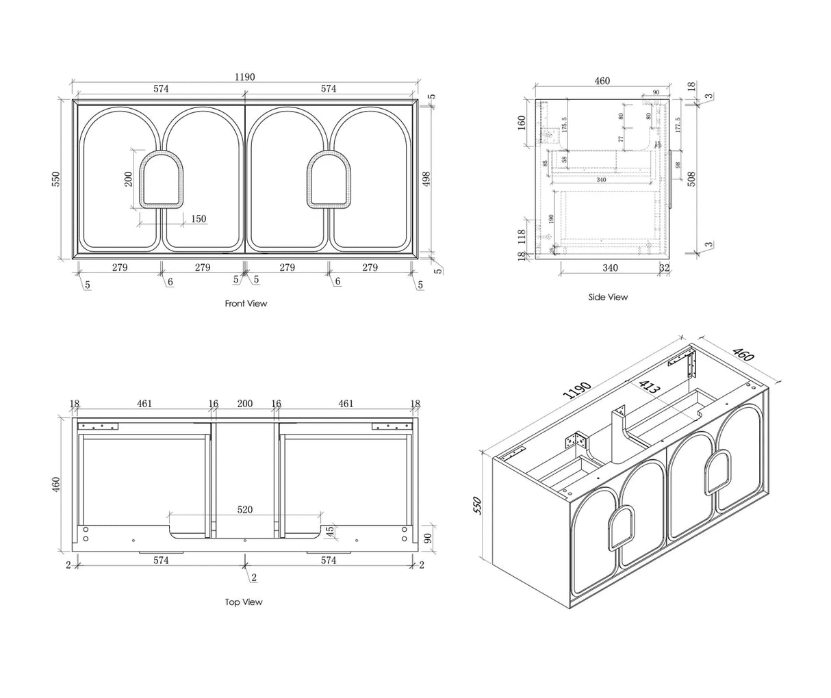 Laguna Wall Hung Vanity 1200mm - Black Oak drawing