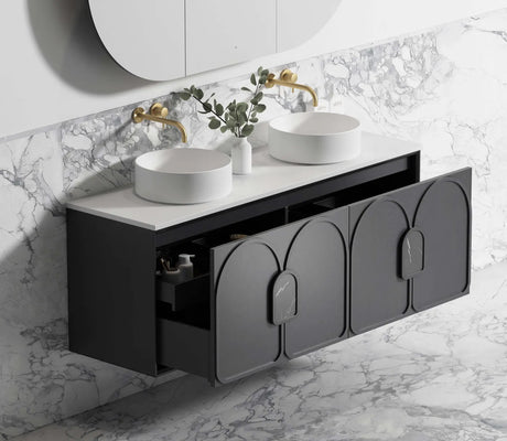 Side view of mounted Laguna Wall Hung Vanity 1500mm - Black Oak inside the bathroom