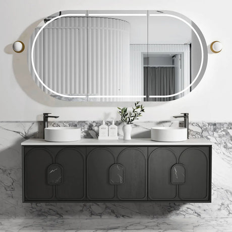 Bathroom installed front view Laguna Wall Hung Vanity 1800mm - Black Oak