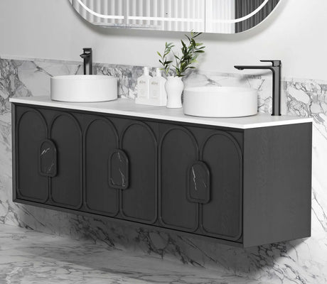 Bathroom installed side view Laguna Wall Hung Vanity 1800mm - Black Oak