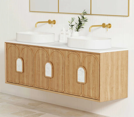 Bathroom with installed Laguna Wall Hung Vanity 1800mm - Natural Oak side view