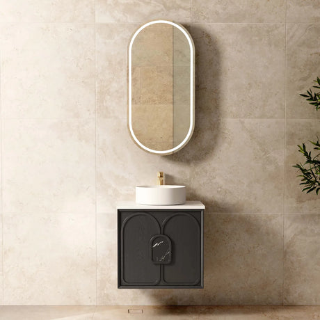 Bathroom with mounted Laguna Wall Hung Vanity 600mm - Black American Oak and mirror