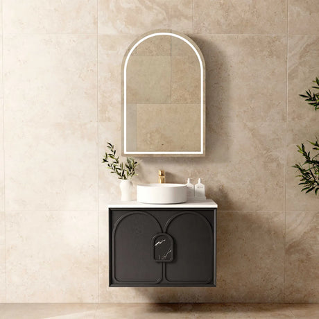 Bathroom with mounted mirror and Laguna Wall Hung Vanity 750mm - Black Oak front view