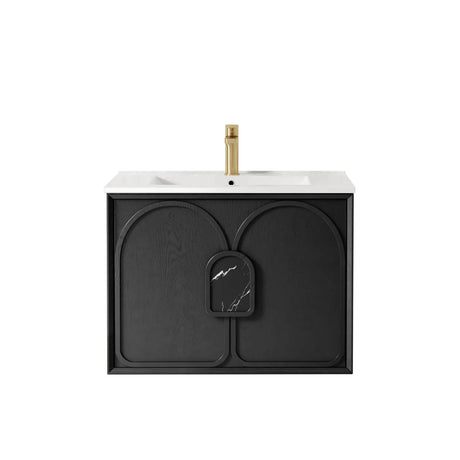 Laguna Wall Hung Vanity 750mm - Black Oak with countertop and gold faucet