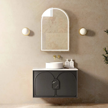 Bathroom with installed Laguna Wall Hung Vanity 900mm - Black Oak and mirror