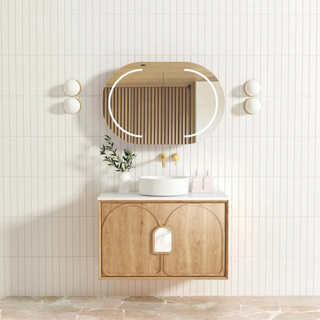 Bathroom with mounted Laguna Wall Hung Vanity 900mm - Natural Oak, mirror, gold faucet, white counter tap