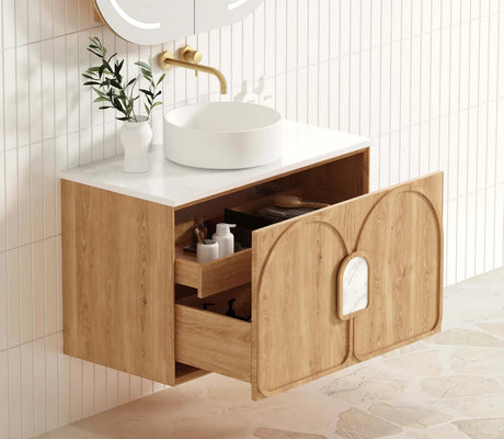 Side view Open cabinet of Laguna Wall Hung Vanity 900mm - Natural Oak