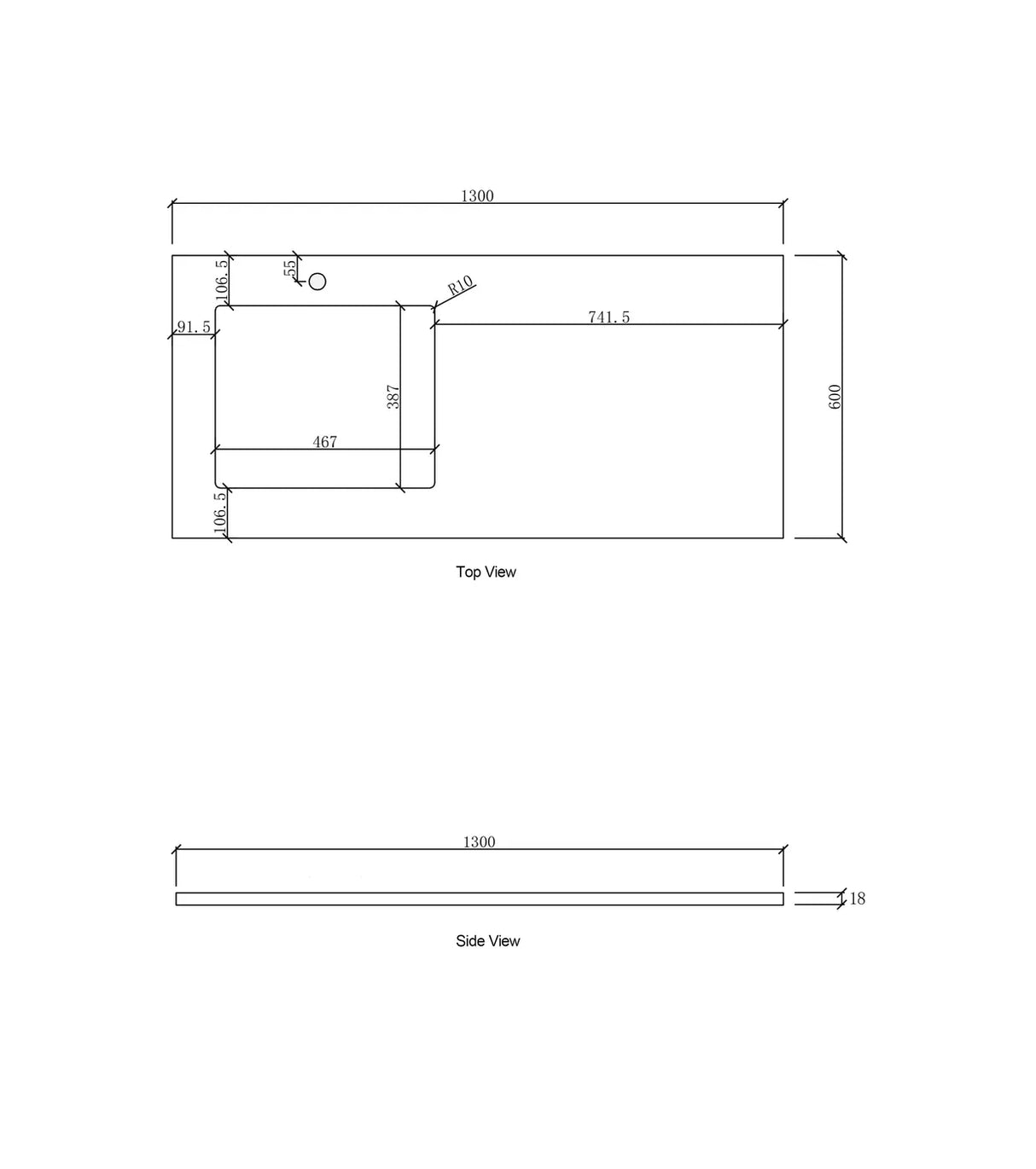 Laundry 1300mm Natural Carrara White Marble Top - Left Bowl 12TH drawing