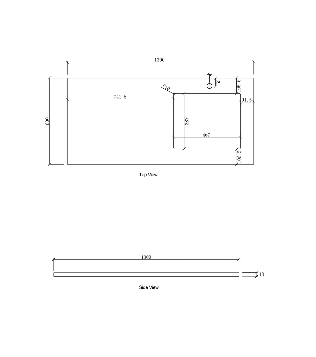 Laundry 1300mm Natural Carrara White Marble Top - Right Bowl 12TH drawing