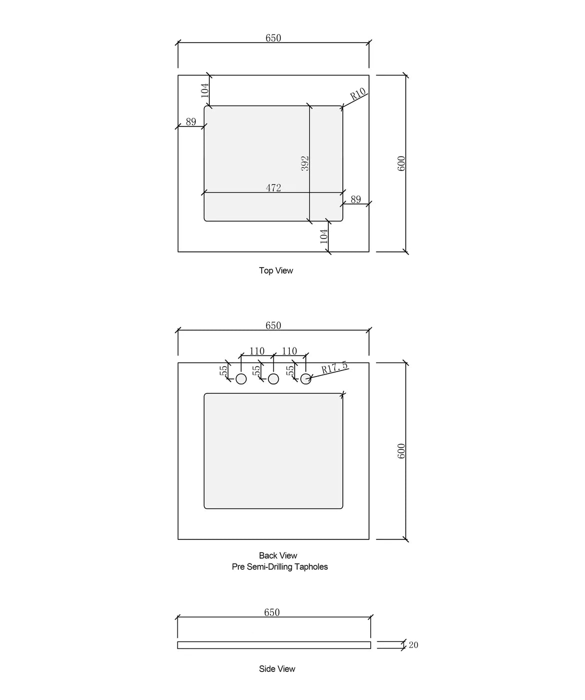 Laundry 650mm Solid Surface Matte White Top drawing