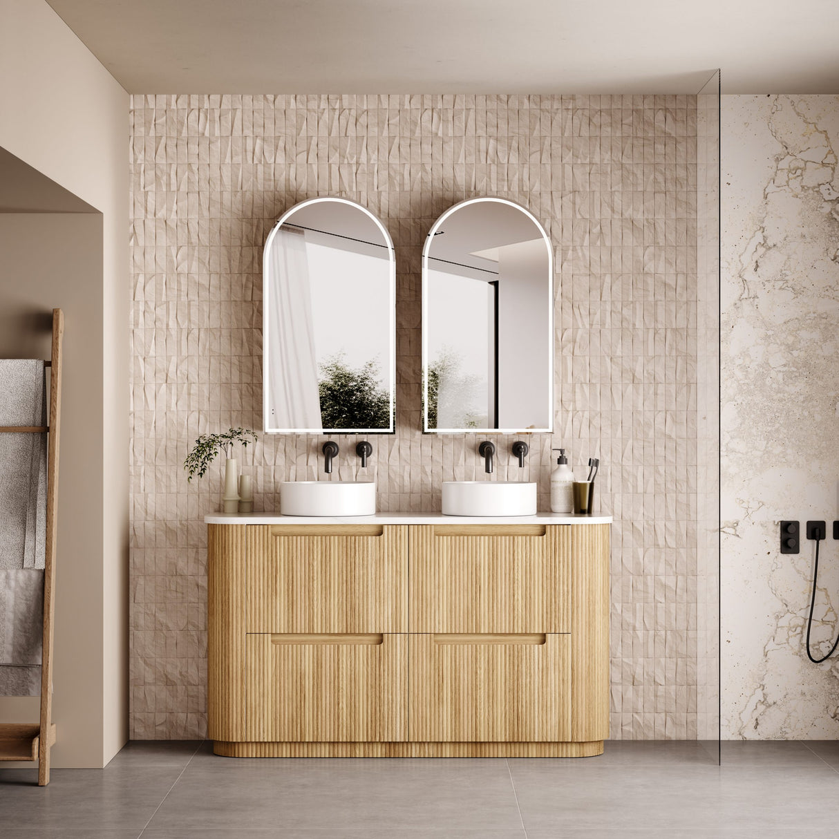 Bathroom with wooden vanity, double mirrors, and decorative elements.